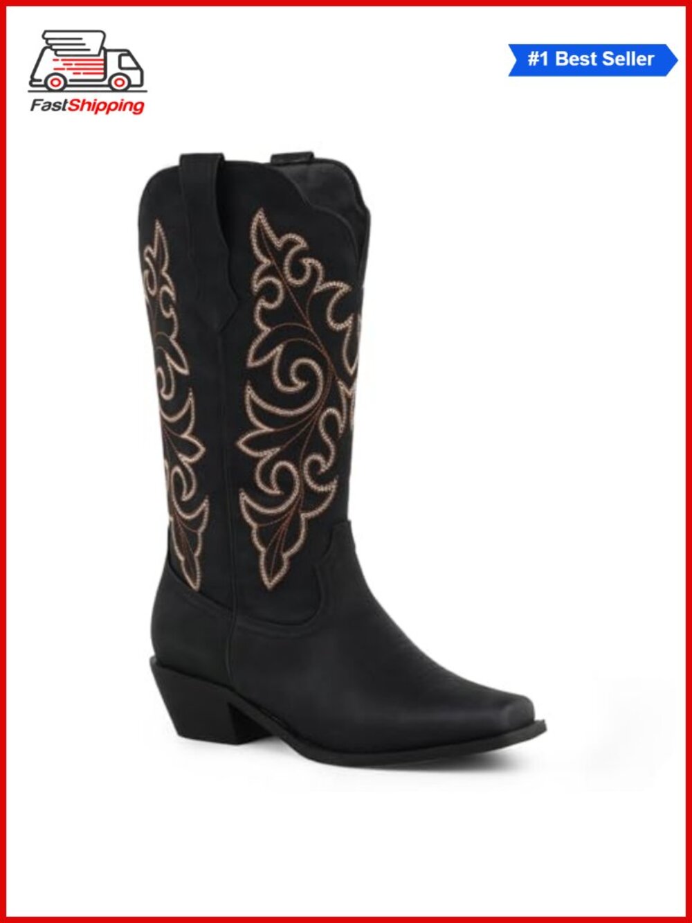 Square Toe Cowboy Boots Women Mid Calf Block Heel Faux Leather